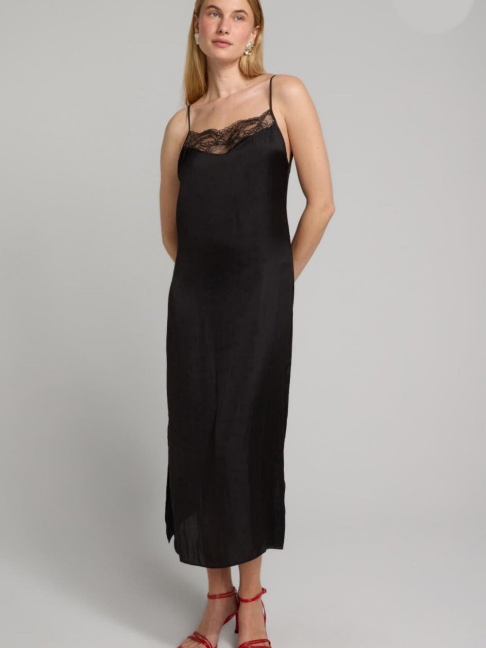 Maje Black Lace-Trimmed Satin Midi Slip Dress